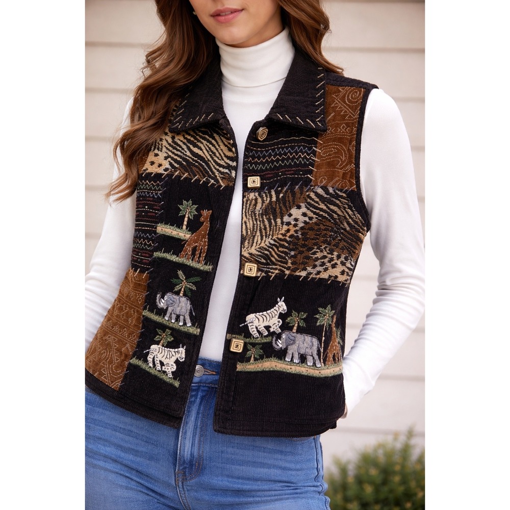 VTG Carrie Allen Corduroy Vest Women M Safari Animal Patchwork Boho Art Teacher